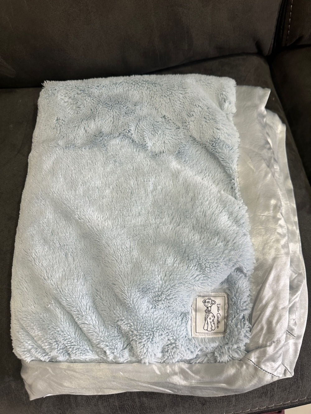 Little Giraffe Baby Blanket in Pale Blue with Satin Trim